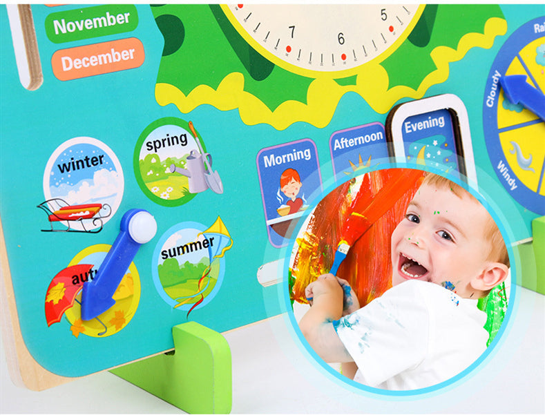 Montessori Wooden Educational Toy – Baby Weather, Seasons & Calendar Clock for Preschool Learning