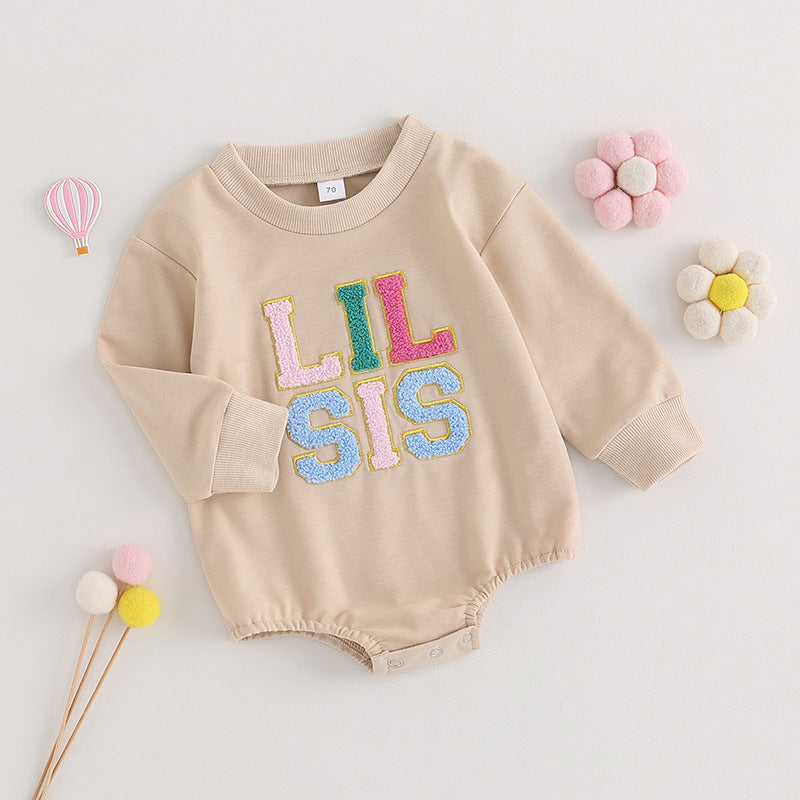 Baby Girl Long-Sleeve Jumpsuit – Alphabet Embroidered Triangle Romper