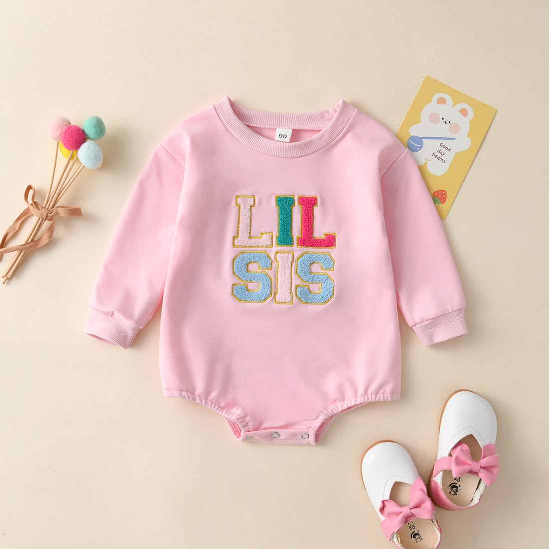 Baby Girl Long-Sleeve Jumpsuit – Alphabet Embroidered Triangle Romper
