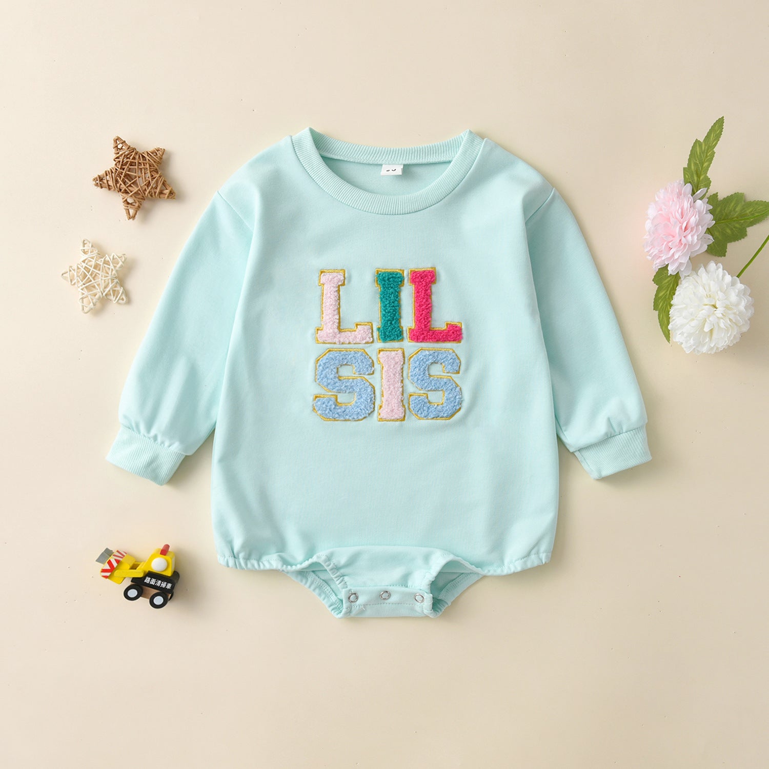Baby Girl Long-Sleeve Jumpsuit – Alphabet Embroidered Triangle Romper