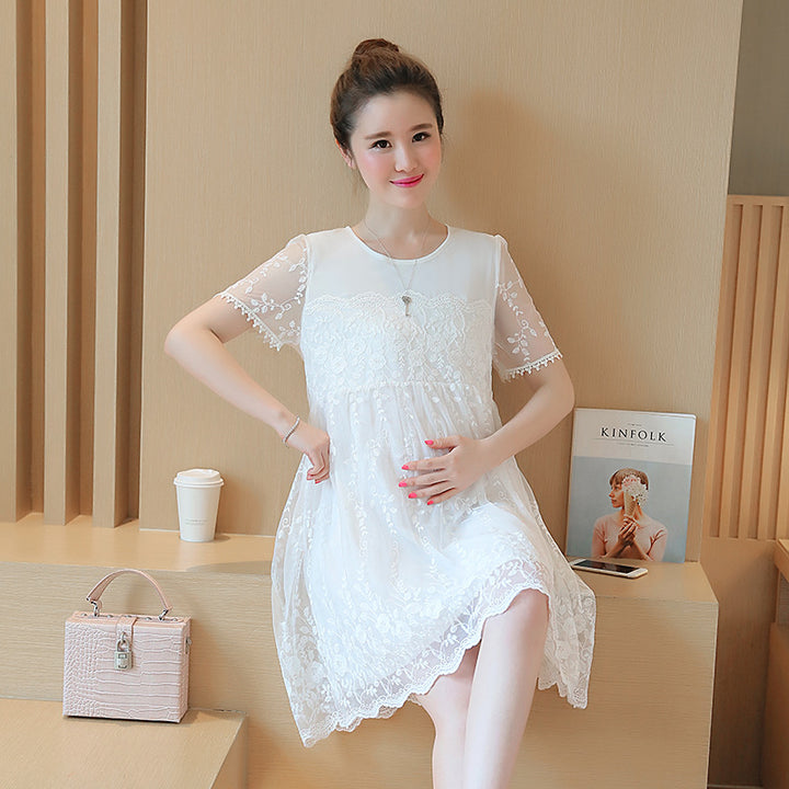 Summer Korean Lace Maternity Dress – Long Crochet Flower Dress