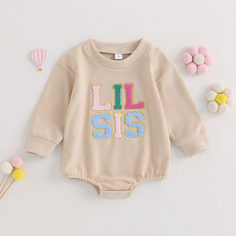 Baby Girl Long-Sleeve Jumpsuit – Alphabet Embroidered Triangle Romper