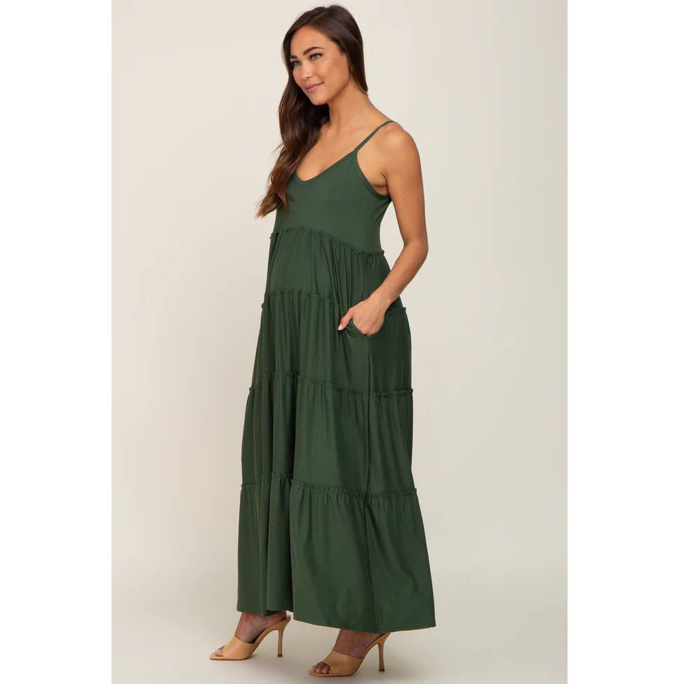 Green Ruffled Layered Maternity Dress with Suspenders