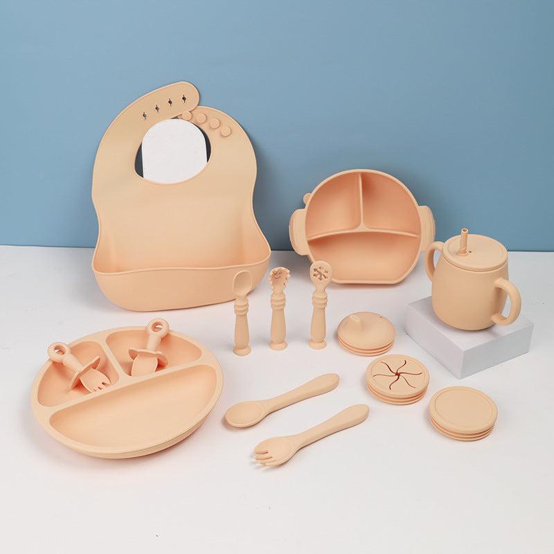 15-Piece Silicone Baby Feeding Tableware Set – Bowl, Spoon, Plate & Bib