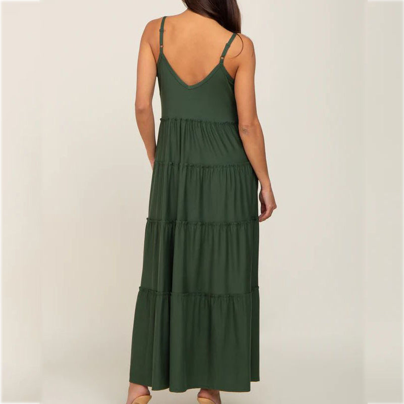 Green Ruffled Layered Maternity Dress with Suspenders