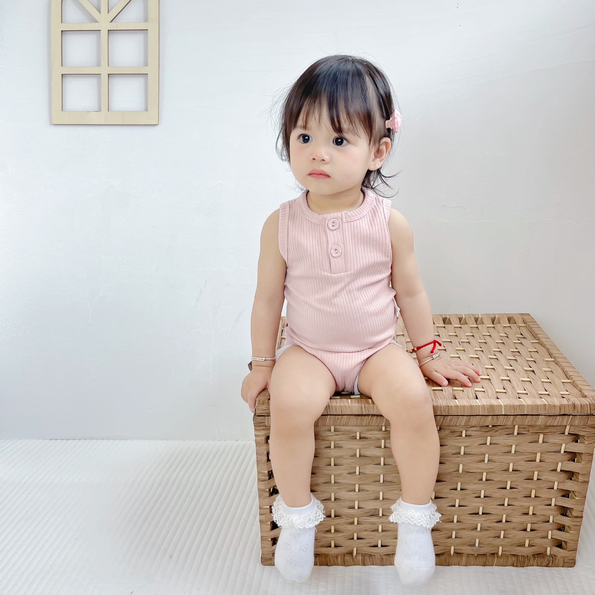 Baby Girl Cotton Romper – Sunken Stripe Vest Design