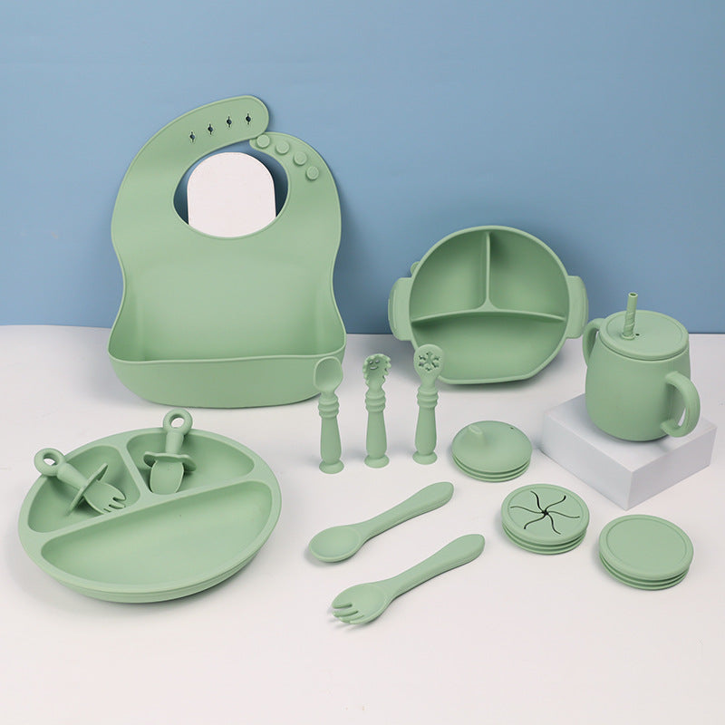 15-Piece Silicone Baby Feeding Tableware Set – Bowl, Spoon, Plate & Bib