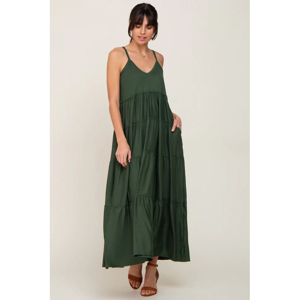 Green Ruffled Layered Maternity Dress with Suspenders