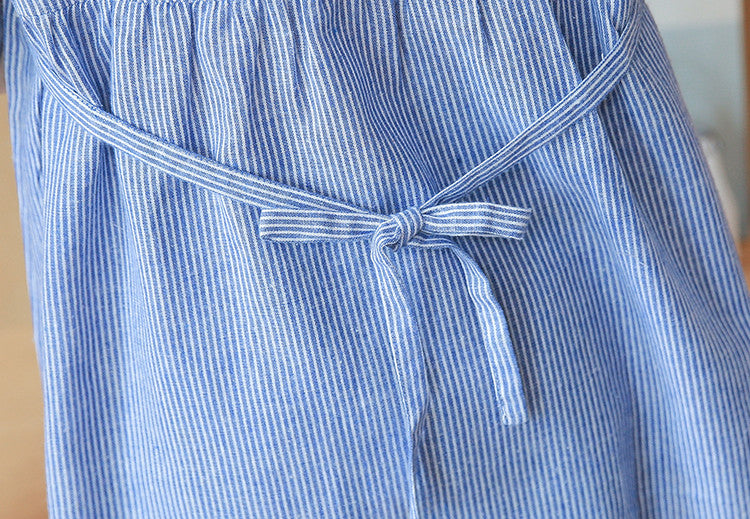 Maternity Dress with Stand-Up Collar – Striped Embroidery Top