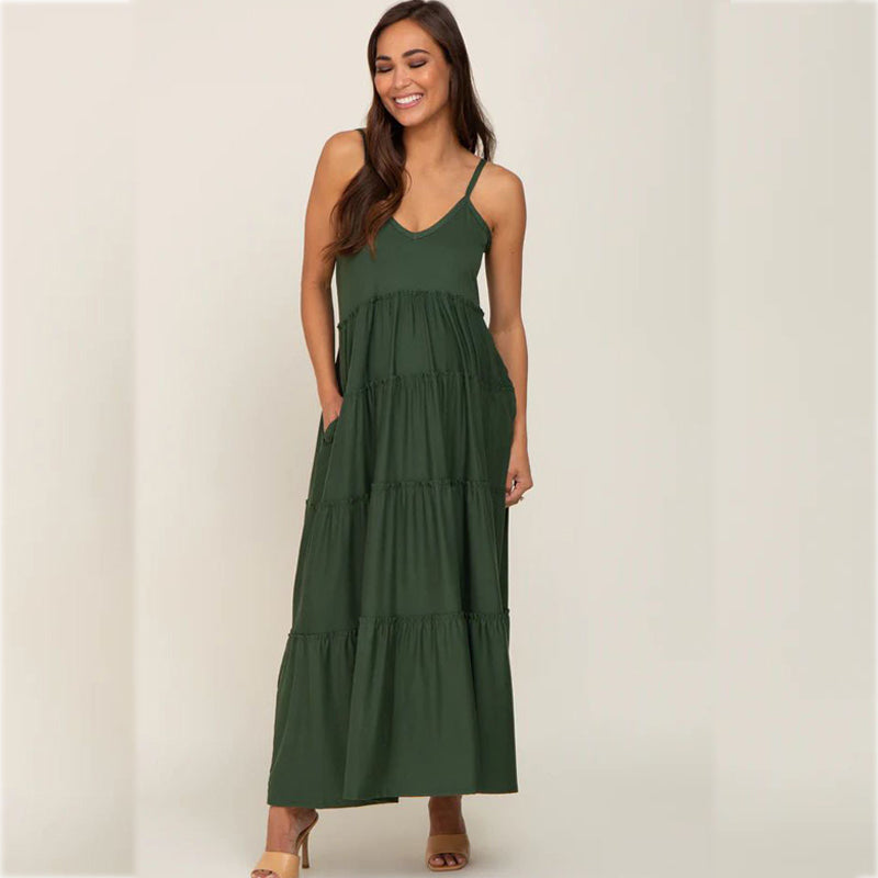 Green Ruffled Layered Maternity Dress with Suspenders