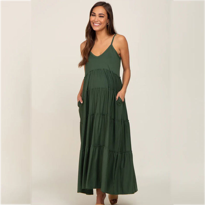 Green Ruffled Layered Maternity Dress with Suspenders